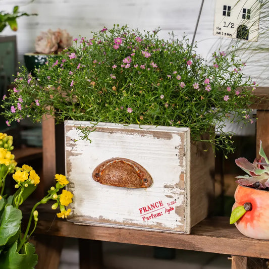 Pot de fleur en bois avec fleurs roses dans une jardinière rectangulaire vintage pour intérieur.
