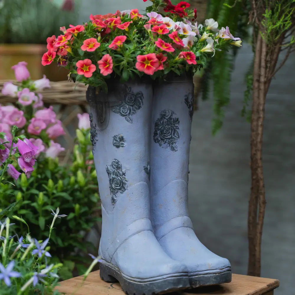 Pot de fleur pour extérieur – Bottes fleuries en résine décoratives avec fleurs colorées