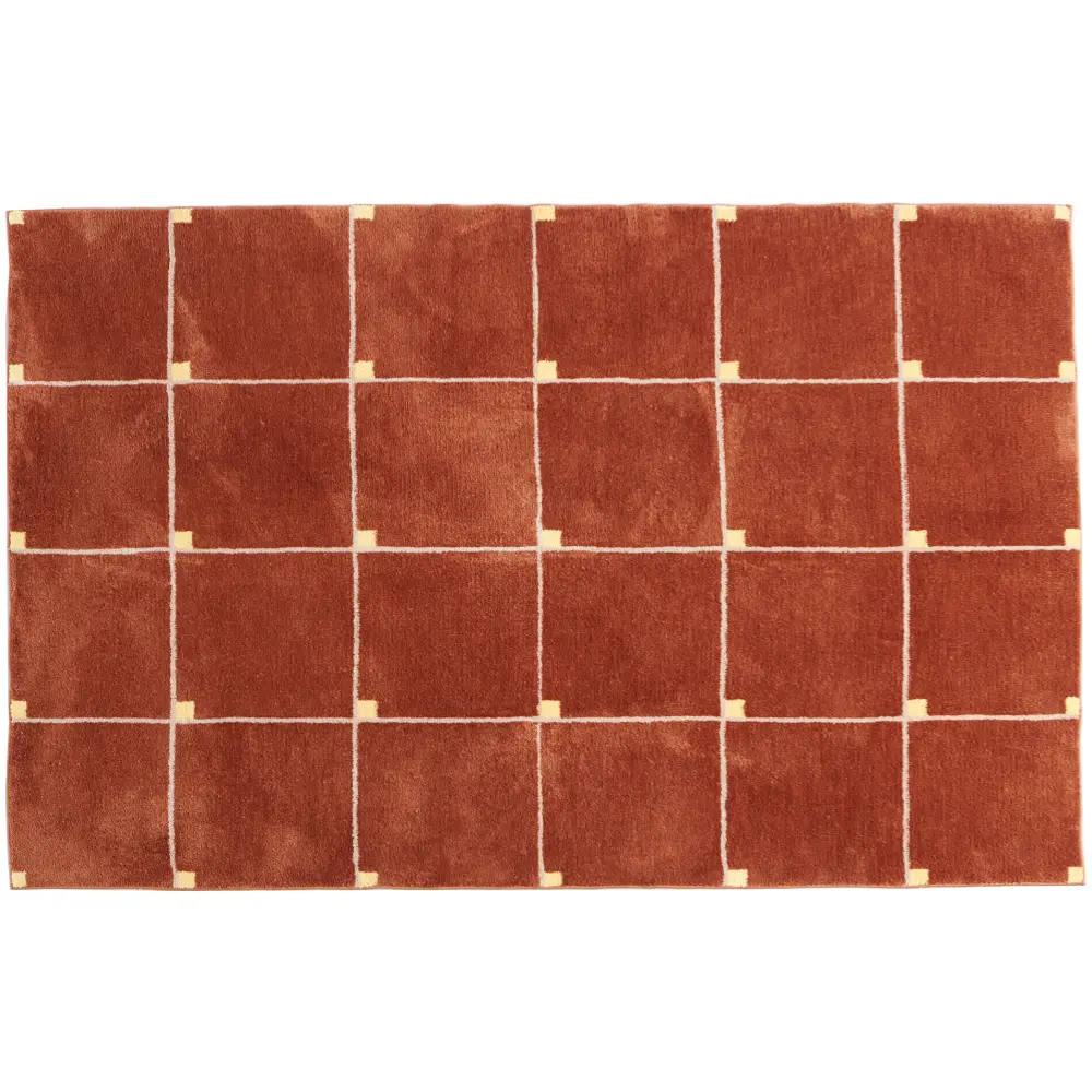 Tapis à carreaux marron utilisé dans un espace de vie, illustrant son confort et son aspect pratique.