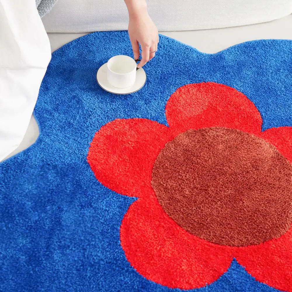 tapis floral bleu lavable en machine