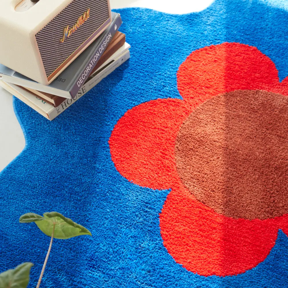 tapis floral bleu polyester