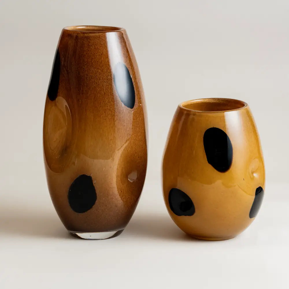 Grand vase décoratif et petit vase en verre artisanal tons miel et noir