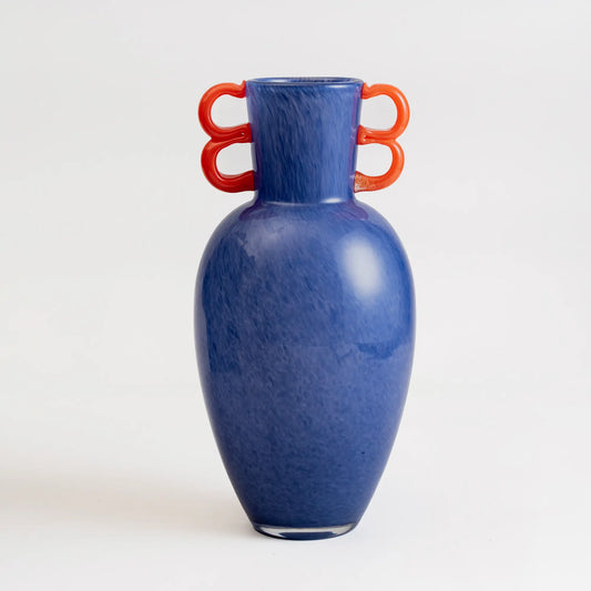 grand vase en verre violet avec poignées ondulées rouges – collection Ondes Ludiques