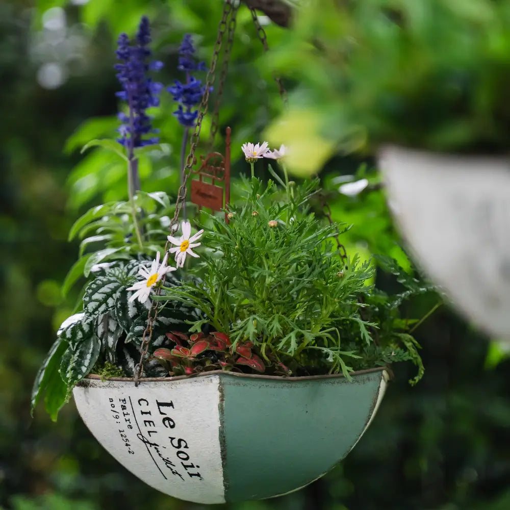 Pot de fleur à suspendre – Demi-umbrella en métal vieilli avec des fleurs colorées.