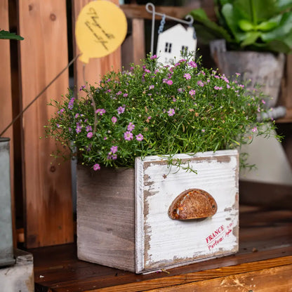 Pot de fleur en bois avec des fleurs violettes dans une jardinière rectangulaire vintage sur une étagère en bois.