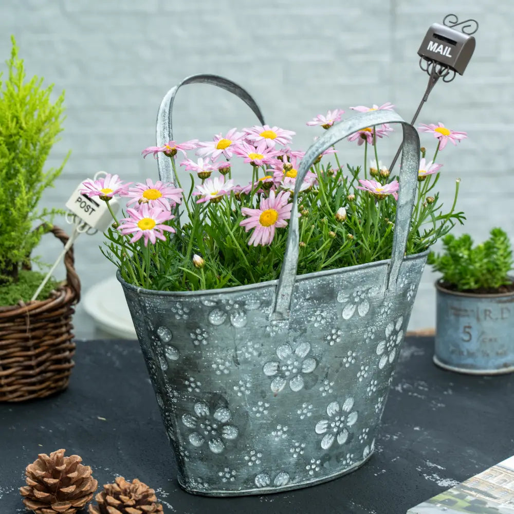 Pot de fleur en suspension avec des fleurs roses dans un panier en métal vieilli, décor extérieur moderne.