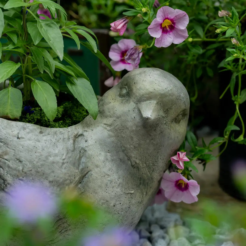 Pot de fleur intérieur – Jardinière oiseau en oxyde de magnésium avec fleurs autour.