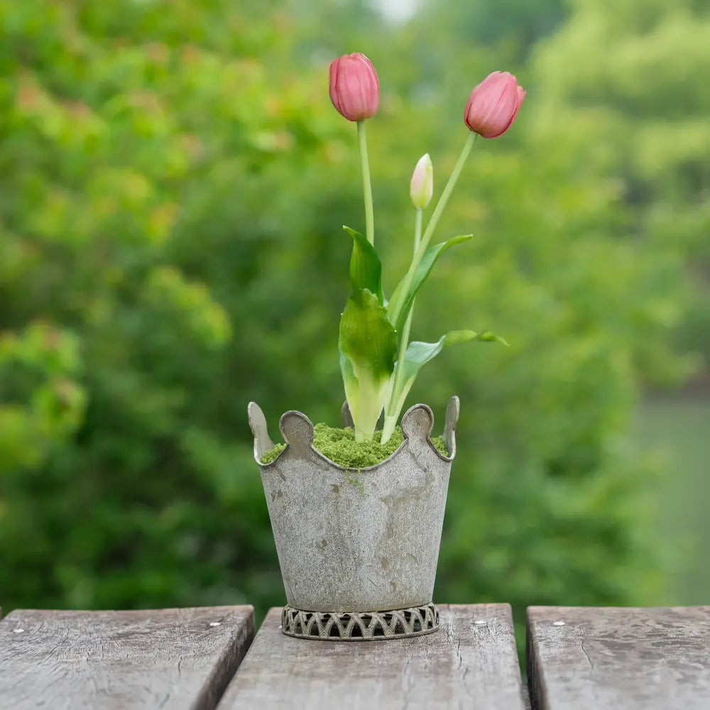 Pot de fleur petit en métal vieilli forme couronne
