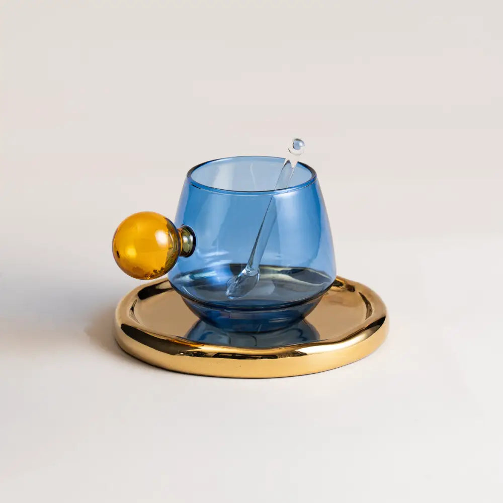 Coffret verre à eau bleu azur avec coupelle métallique brillante