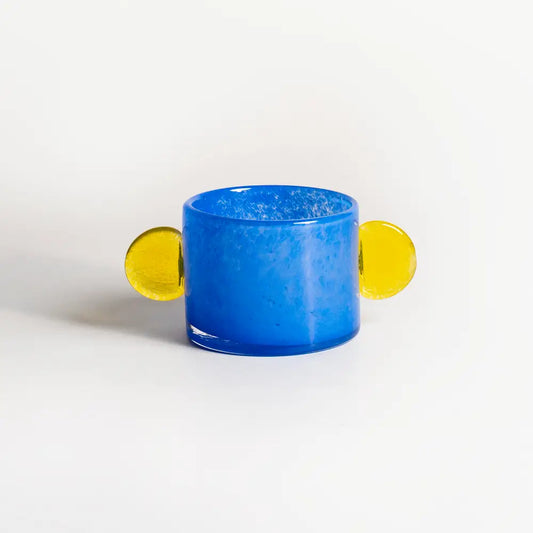 Vase pour les fleurs Bleu Clairon en verre soufflé bleu, anses jaunes