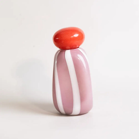 vase rayé rose en verre soufflé avec bouchon orange
