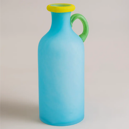 vase en verre pêche pastel avec anse jaune citronné