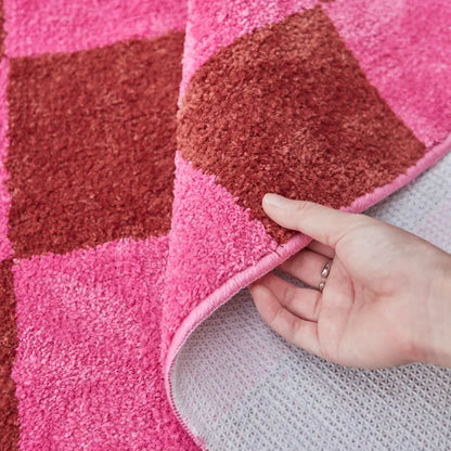 tapis à carreaux rose lavable en machine