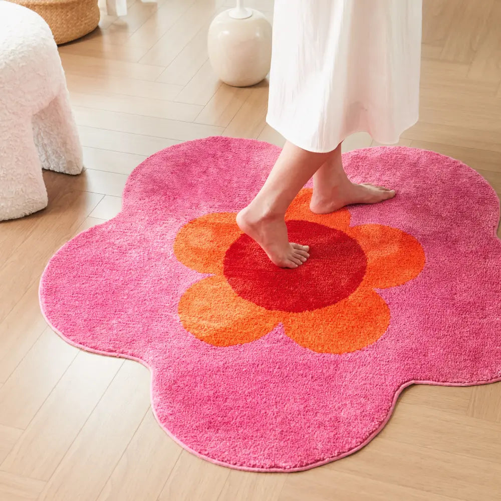 tapis floral rose et orange lavable