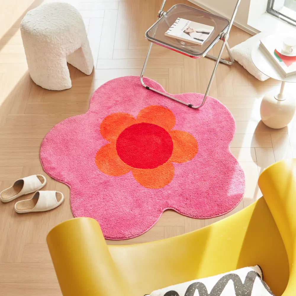 tapis floral rose et orange lavable en machine
